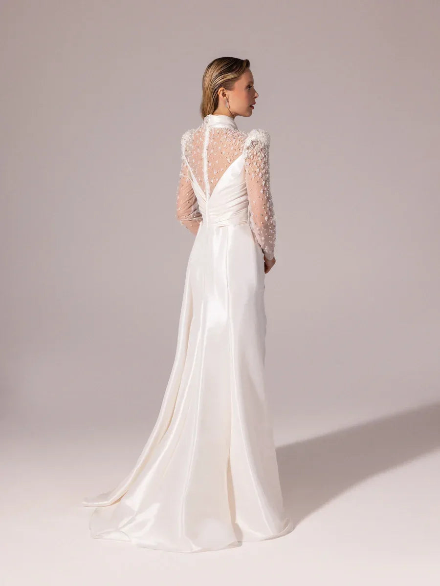 A25096-Kolları İşlemeli Asimetrik Drapeli Balık Abiye Elbise - Kenzel