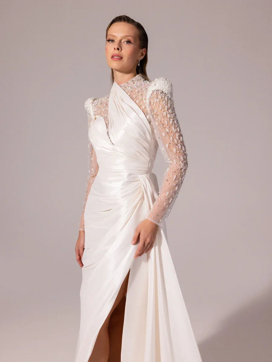 A25096-Kolları İşlemeli Asimetrik Drapeli Balık Abiye Elbise - Kenzel