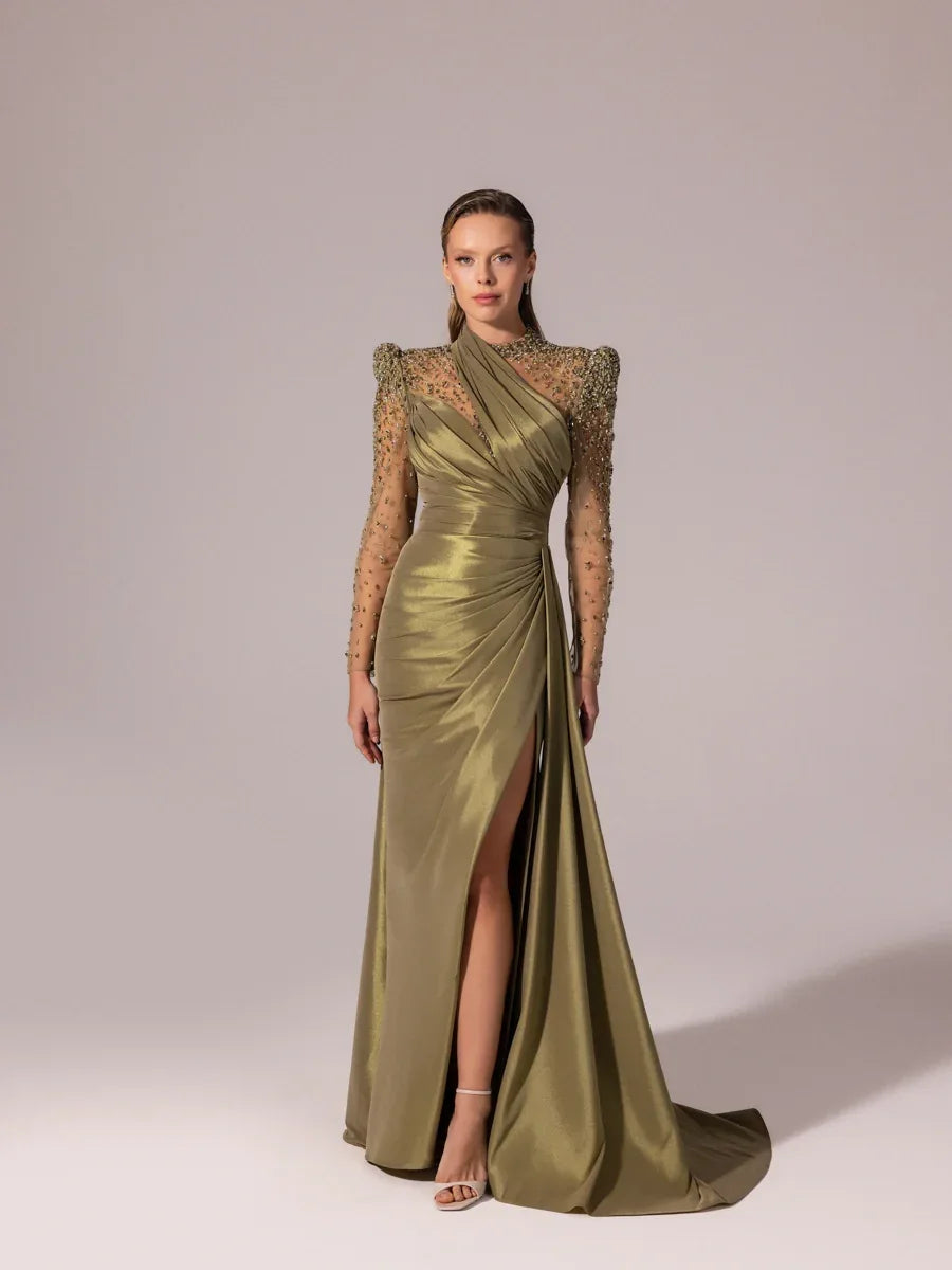 A25096-Kolları İşlemeli Asimetrik Drapeli Balık Abiye Elbise - Kenzel