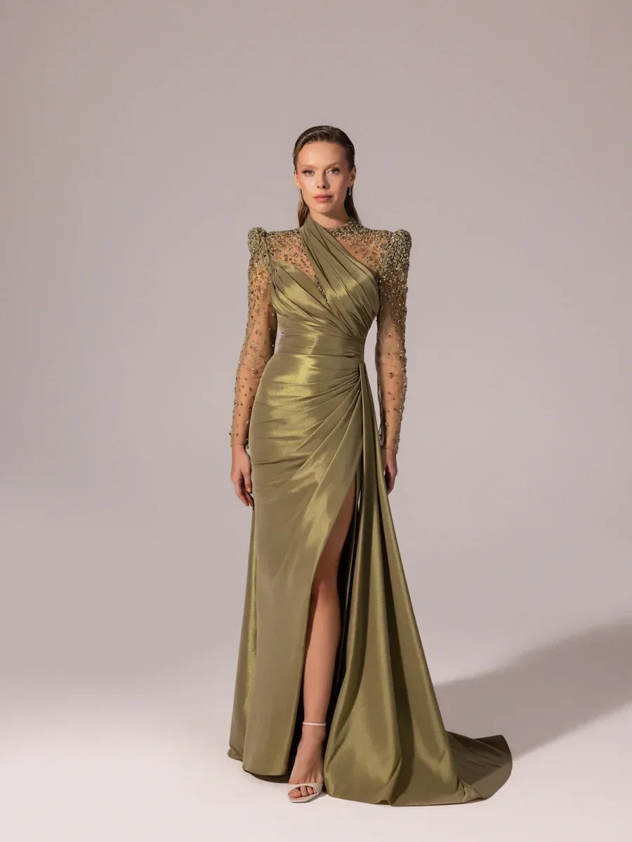 A25096-Kolları İşlemeli Asimetrik Drapeli Balık Abiye Elbise - Kenzel