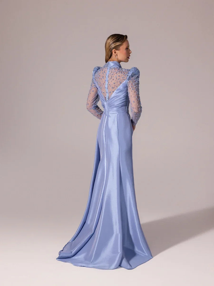 A25096-Kolları İşlemeli Asimetrik Drapeli Balık Abiye Elbise - Kenzel