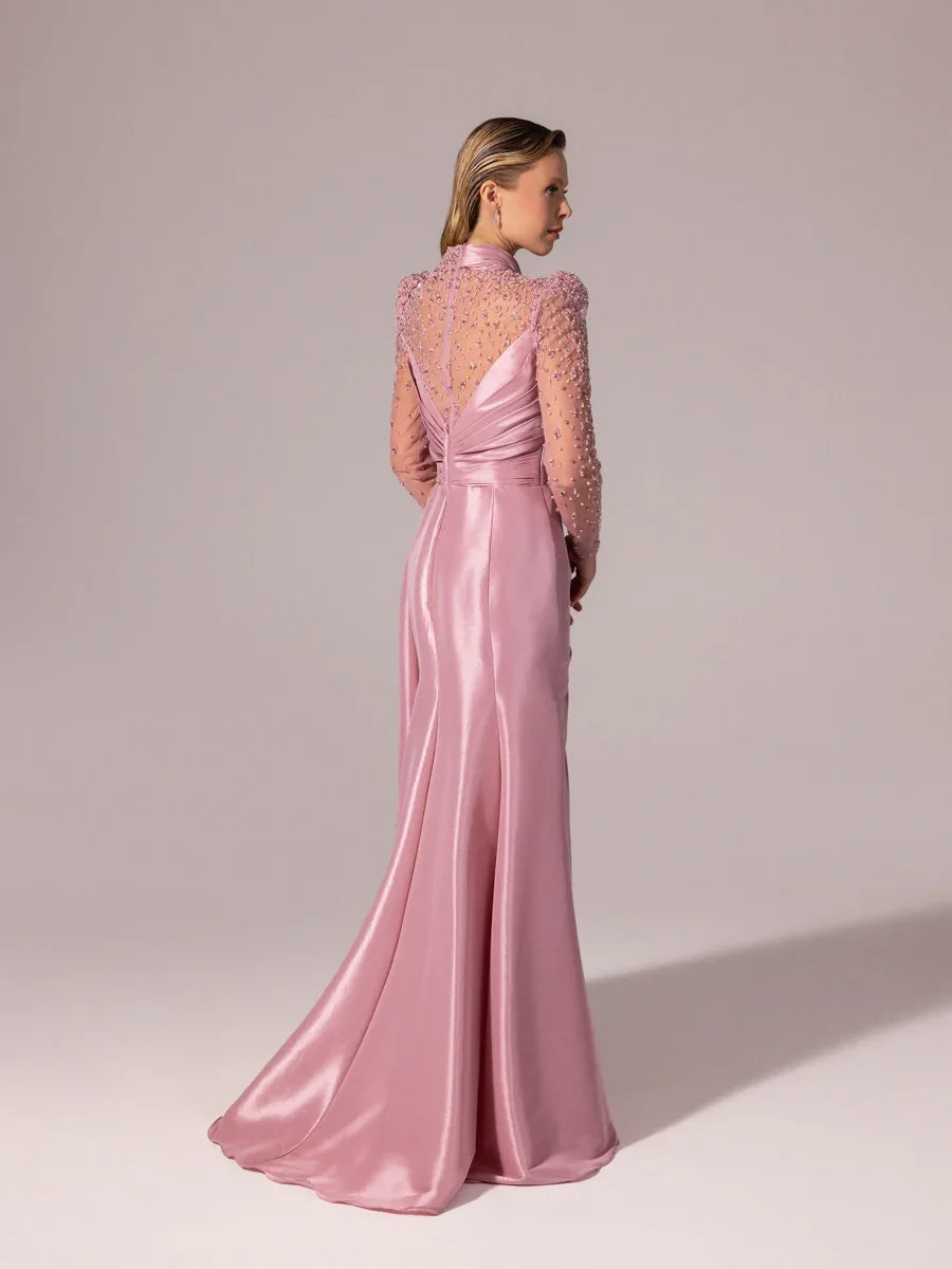 A25096-Kolları İşlemeli Asimetrik Drapeli Balık Abiye Elbise - Kenzel