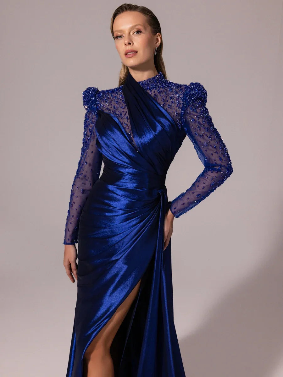 A25096-Kolları İşlemeli Asimetrik Drapeli Balık Abiye Elbise - Kenzel