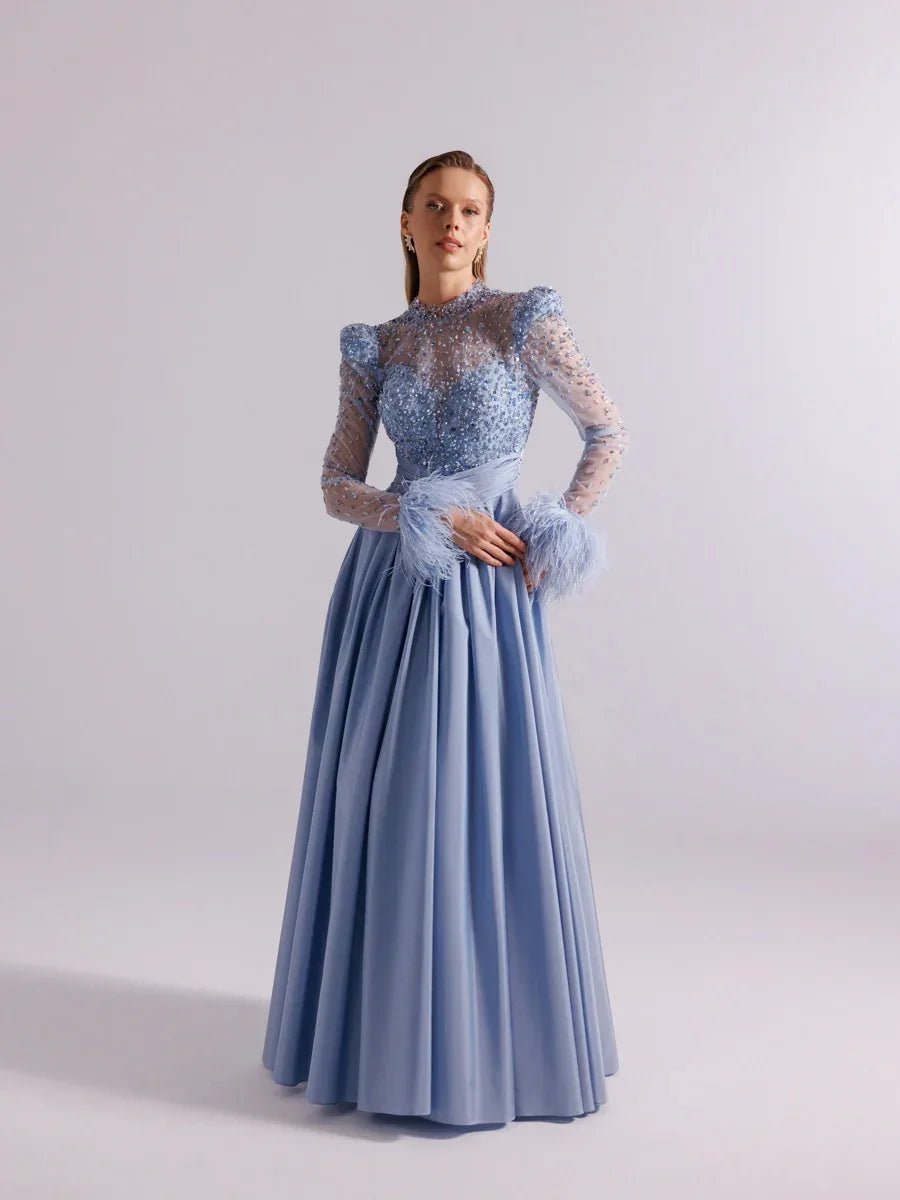 A25100-Hakim Yaka Uzun Kollu Taş İşlemeli Uzun Abiye Elbise - Kenzel