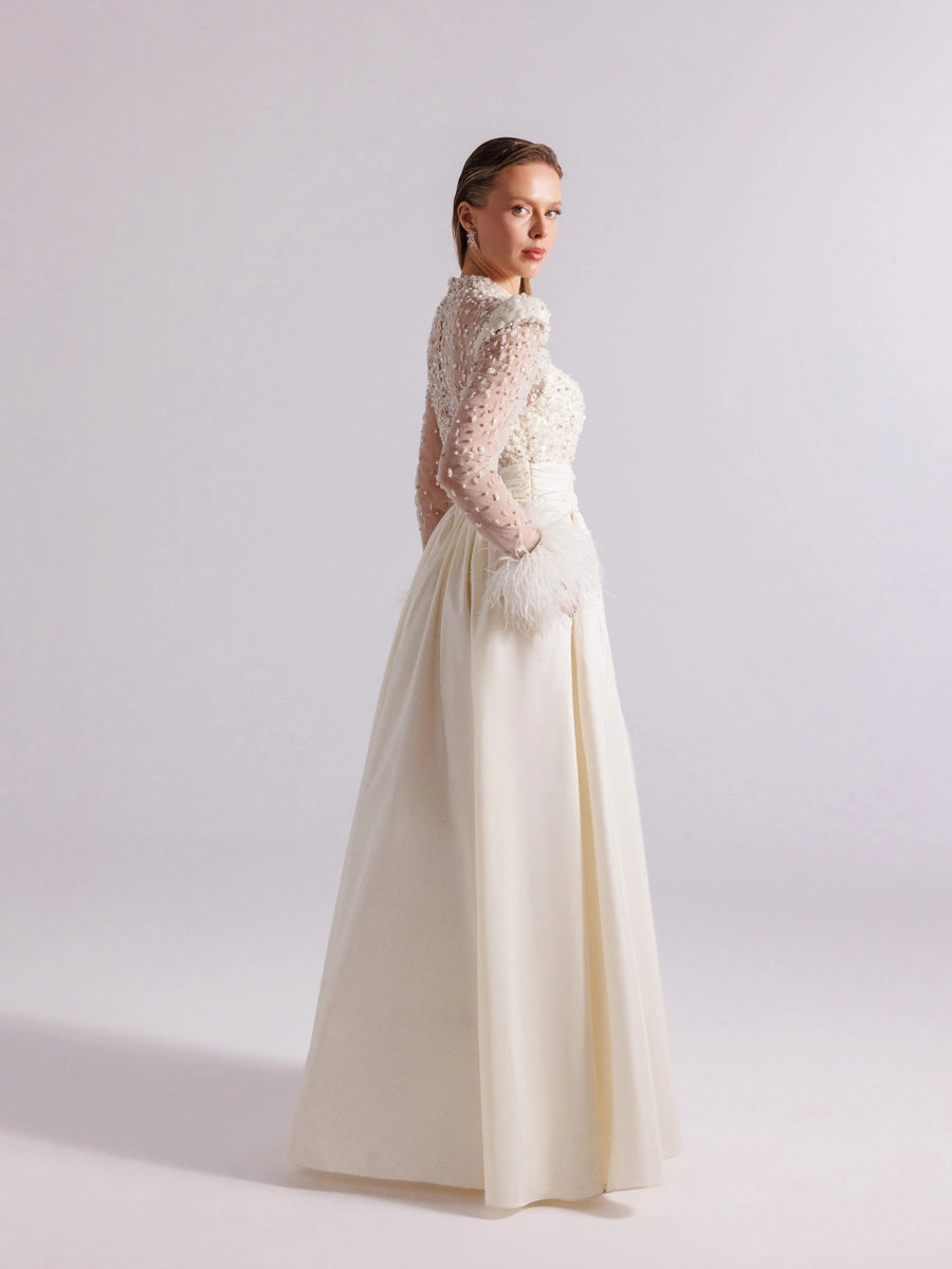 A25100-Hakim Yaka Uzun Kollu Taş İşlemeli Uzun Abiye Elbise