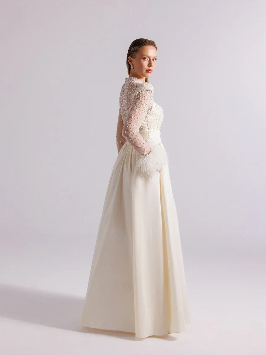 A25100-Hakim Yaka Uzun Kollu Taş İşlemeli Uzun Abiye Elbise - Kenzel