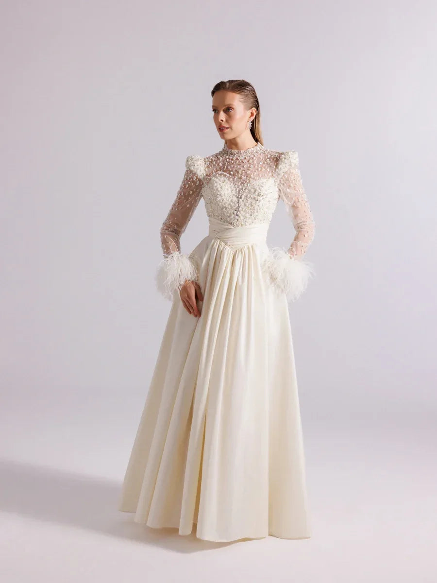 A25100-Hakim Yaka Uzun Kollu Taş İşlemeli Uzun Abiye Elbise - Kenzel