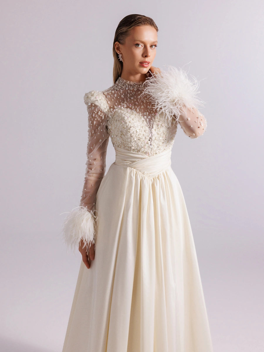 A25100-Hakim Yaka Uzun Kollu Taş İşlemeli Uzun Abiye Elbise