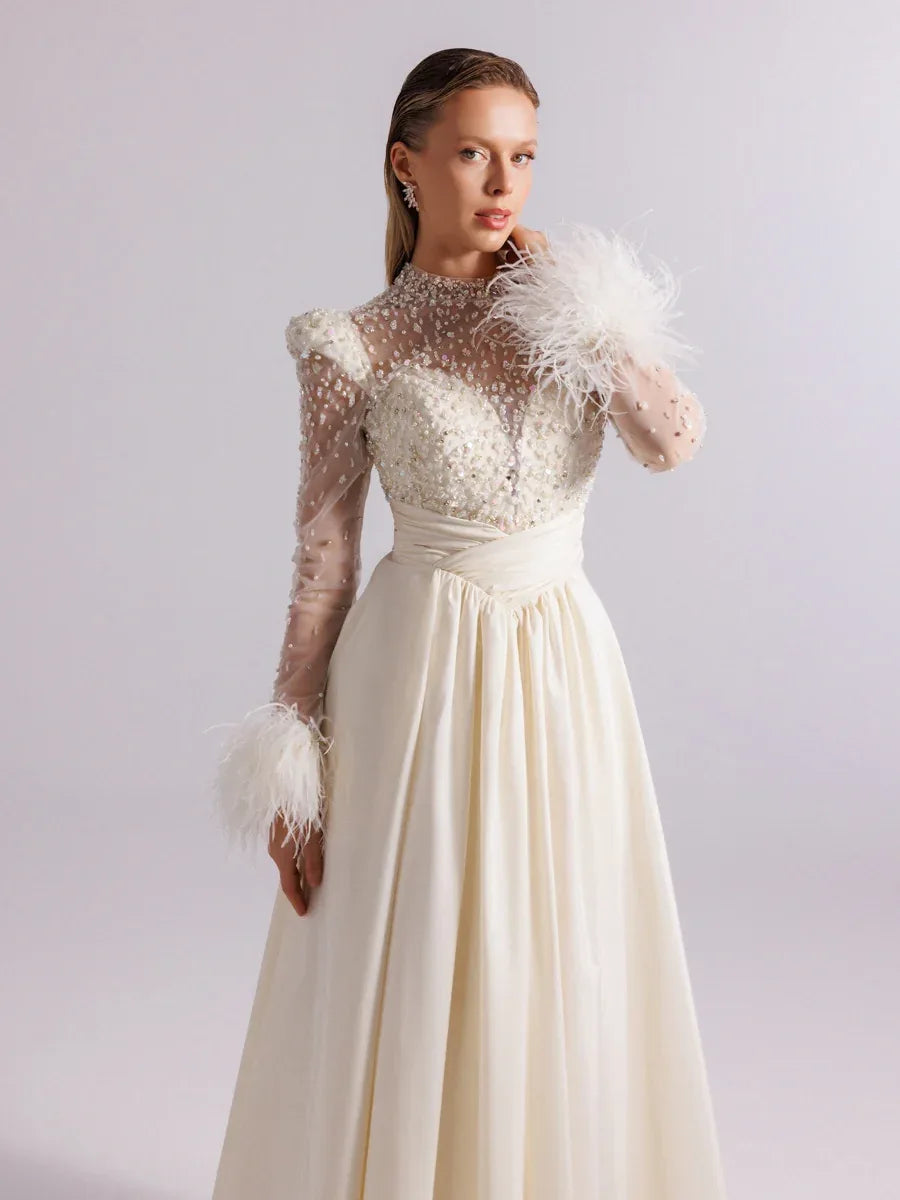 A25100-Hakim Yaka Uzun Kollu Taş İşlemeli Uzun Abiye Elbise - Kenzel