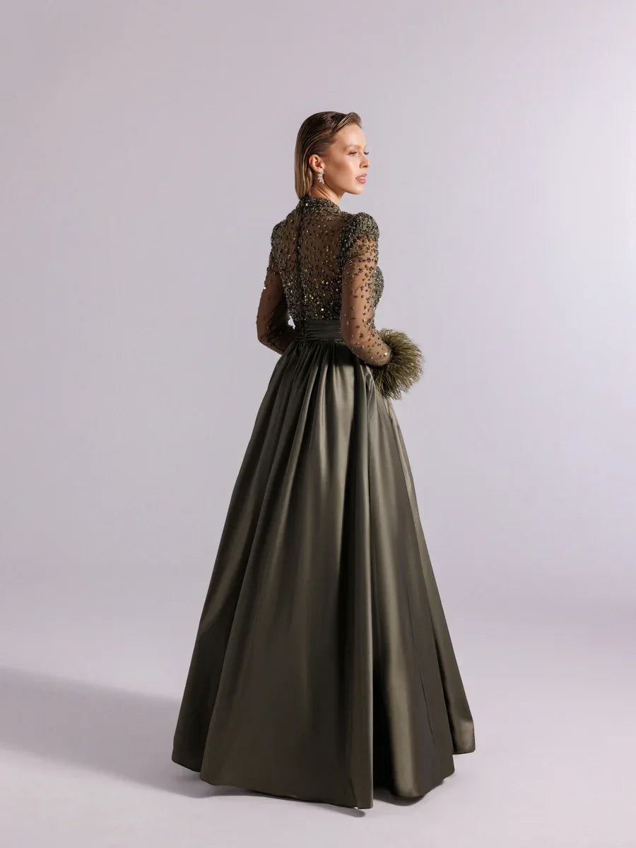 A25100-Hakim Yaka Uzun Kollu Taş İşlemeli Uzun Abiye Elbise - Kenzel