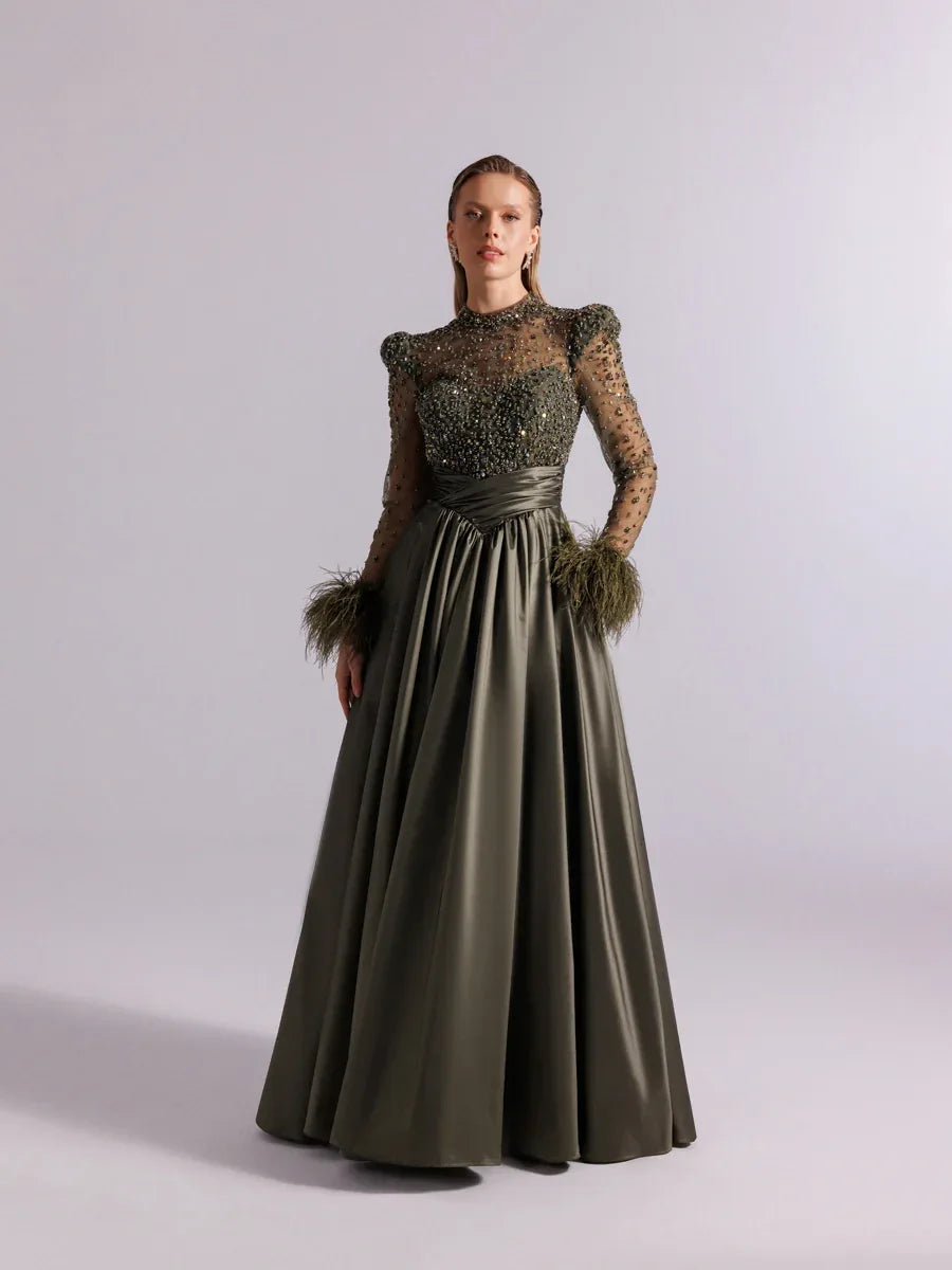 A25100-Hakim Yaka Uzun Kollu Taş İşlemeli Uzun Abiye Elbise - Kenzel