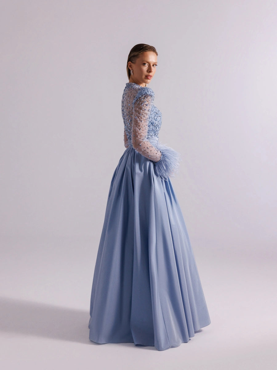 A25100-Hakim Yaka Uzun Kollu Taş İşlemeli Uzun Abiye Elbise