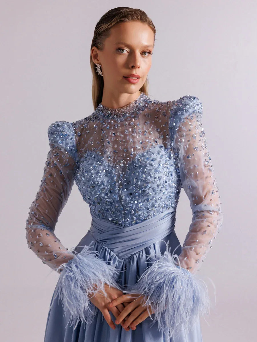 A25100-Hakim Yaka Uzun Kollu Taş İşlemeli Uzun Abiye Elbise - Kenzel