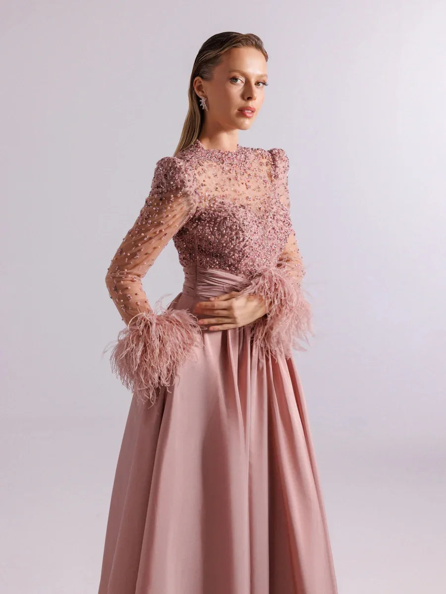 A25100-Hakim Yaka Uzun Kollu Taş İşlemeli Uzun Abiye Elbise - Kenzel