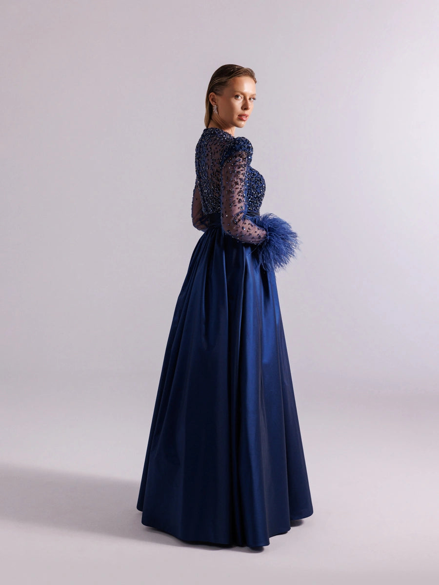 A25100-Hakim Yaka Uzun Kollu Taş İşlemeli Uzun Abiye Elbise