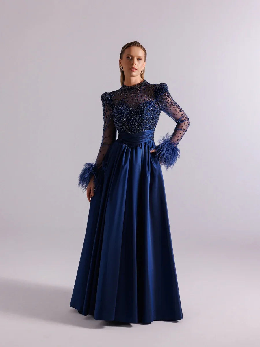 A25100-Hakim Yaka Uzun Kollu Taş İşlemeli Uzun Abiye Elbise - Kenzel