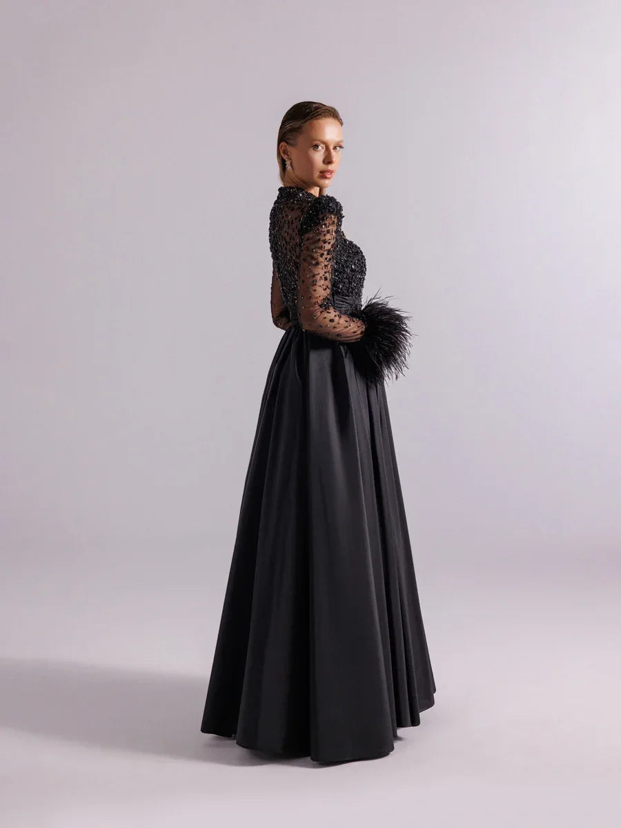 A25100-Hakim Yaka Uzun Kollu Taş İşlemeli Uzun Abiye Elbise - Kenzel