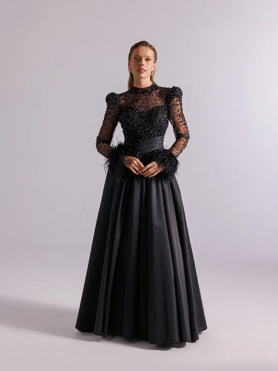 A25100-Hakim Yaka Uzun Kollu Taş İşlemeli Uzun Abiye Elbise - Kenzel