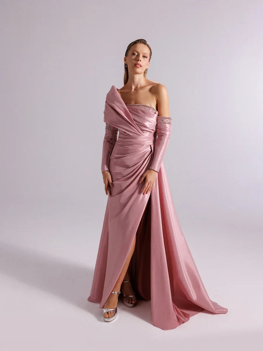 A25102-Straplez Tek Omuz Göğüsü ve kolları İşleme Detaylı Balık Abiye - Kenzel