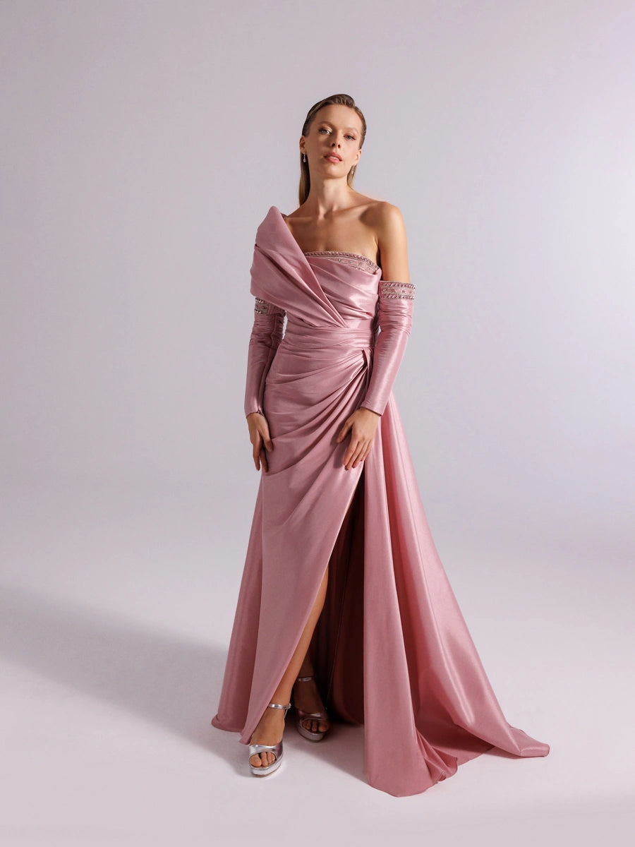 A25102-Straplez Tek Omuz Göğüsü ve kolları İşleme Detaylı Balık Abiye