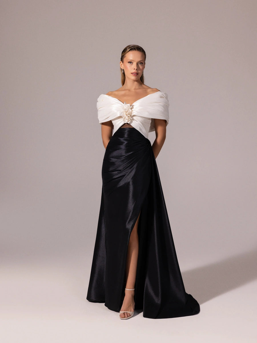 A25104-Kolları Şal Görünümlü Yırtmaçlı Balık Abiye Elbise