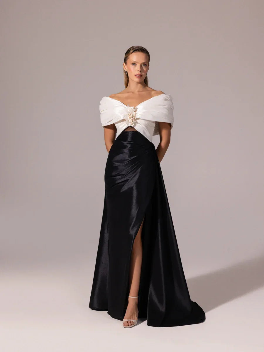 A25104-Kolları Şal Görünümlü Yırtmaçlı Balık Abiye Elbise - Kenzel