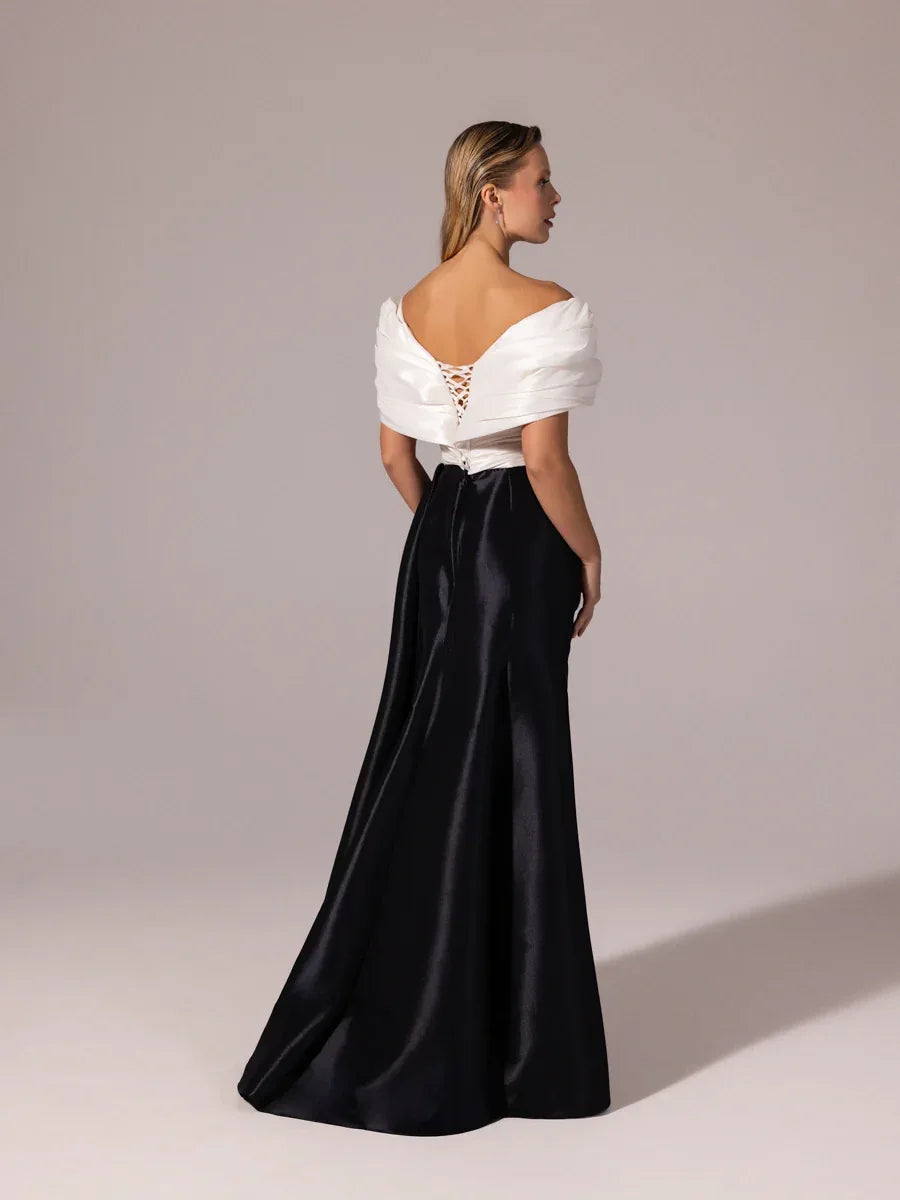 A25104-Kolları Şal Görünümlü Yırtmaçlı Balık Abiye Elbise - Kenzel