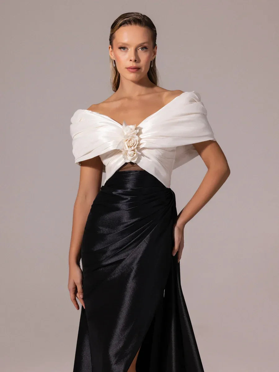 A25104-Kolları Şal Görünümlü Yırtmaçlı Balık Abiye Elbise - Kenzel