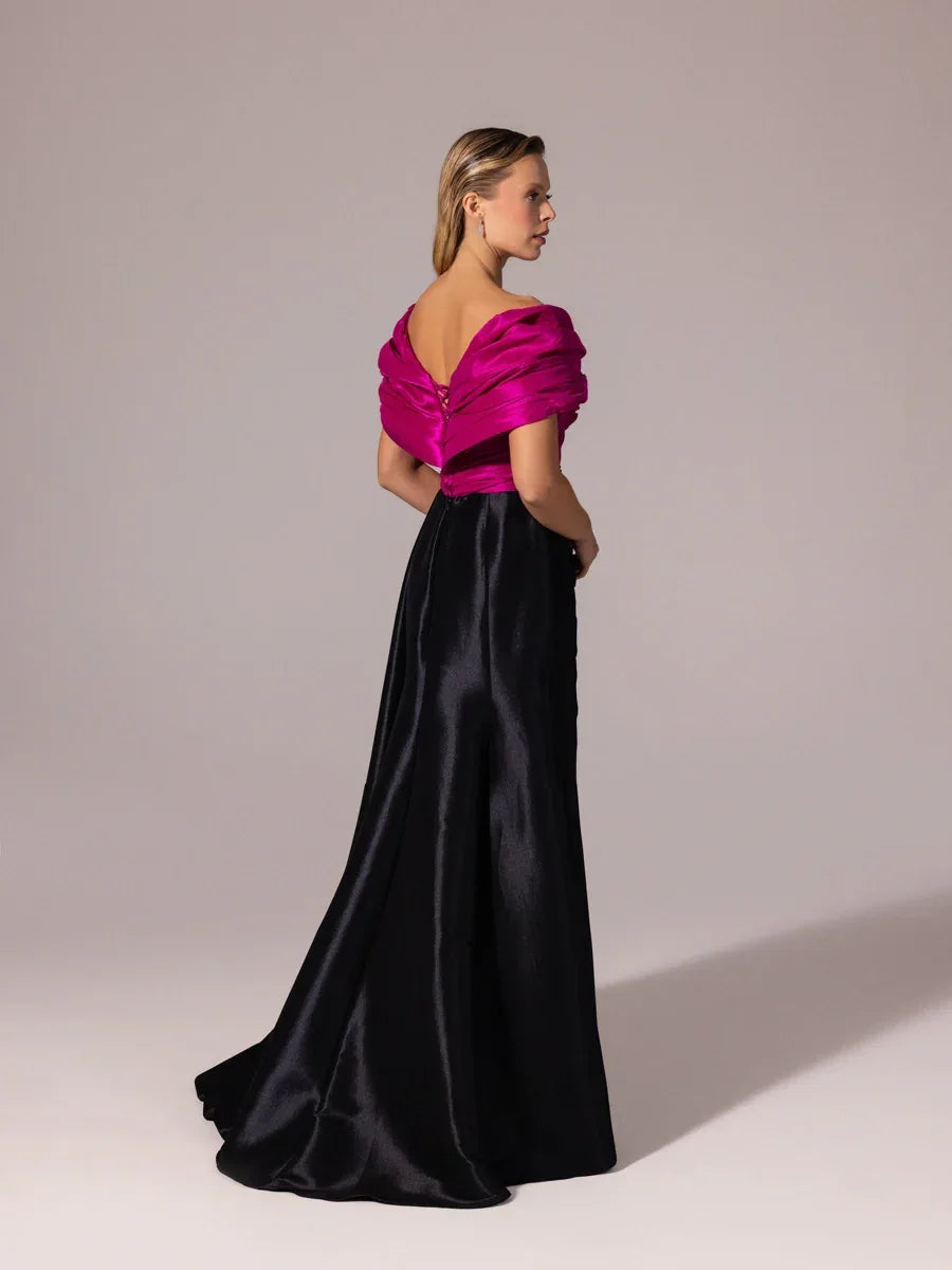 A25104-Kolları Şal Görünümlü Yırtmaçlı Balık Abiye Elbise - Kenzel