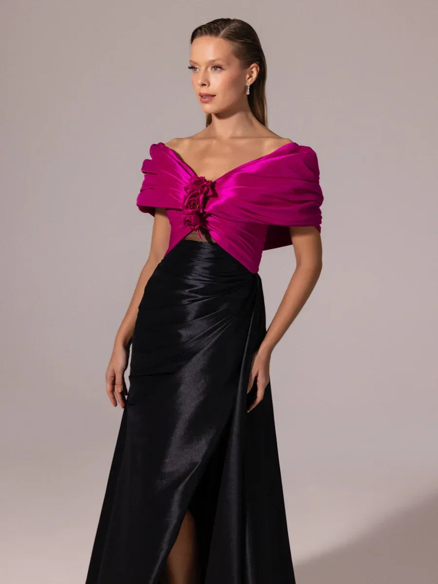 A25104-Kolları Şal Görünümlü Yırtmaçlı Balık Abiye Elbise - Kenzel