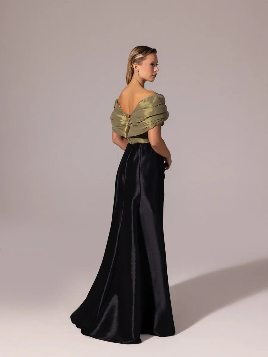 A25104-Kolları Şal Görünümlü Yırtmaçlı Balık Abiye Elbise - Kenzel