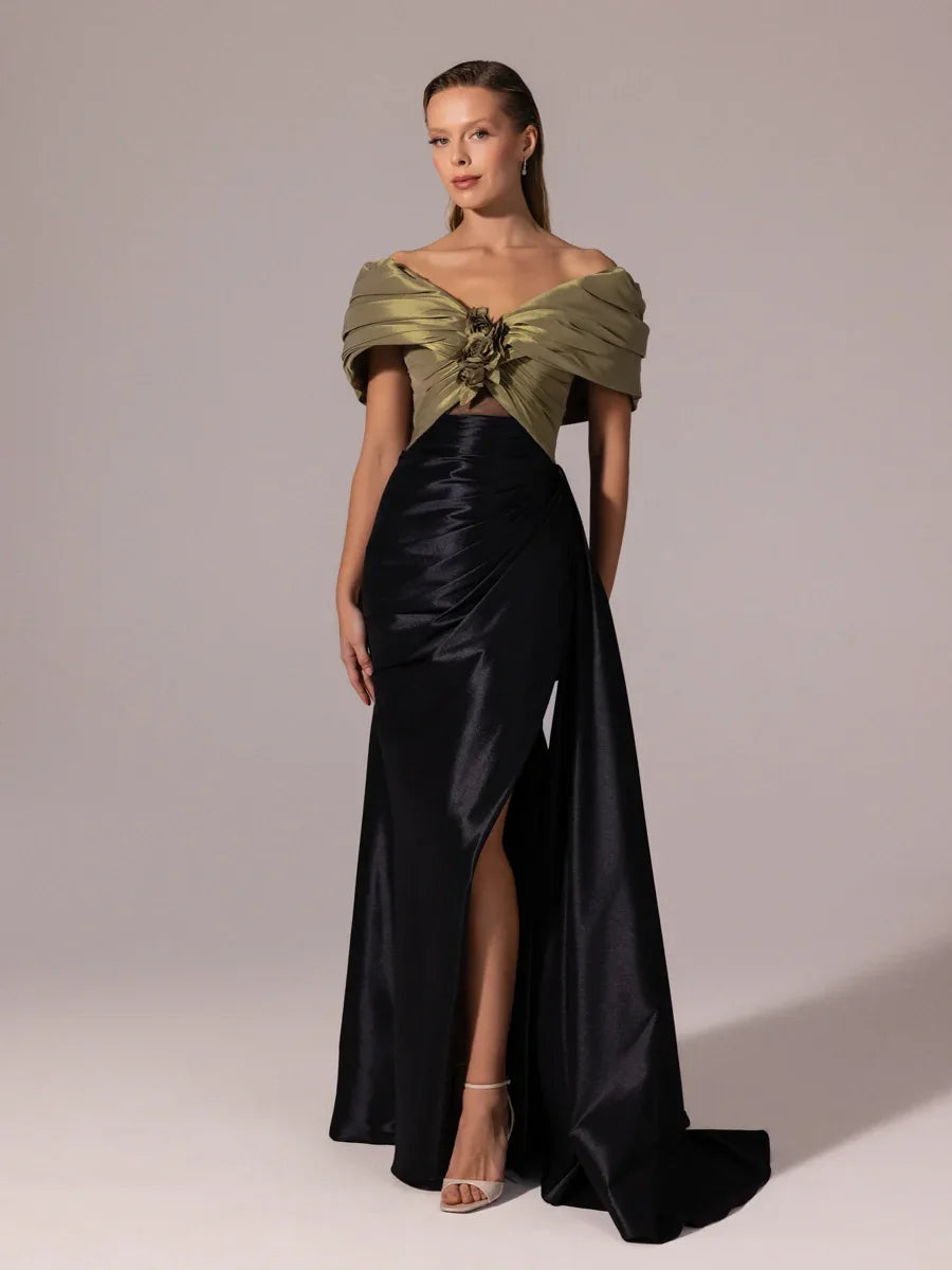 A25104-Kolları Şal Görünümlü Yırtmaçlı Balık Abiye Elbise - Kenzel