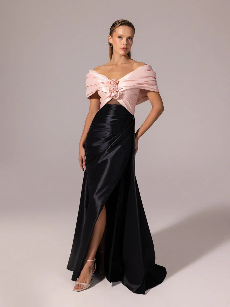 A25104-Kolları Şal Görünümlü Yırtmaçlı Balık Abiye Elbise - Kenzel