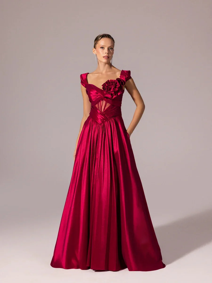 A25110-Vatkalı Kısa Kollu Gül Detaylı Kabarık Abiye Elbise - Kenzel