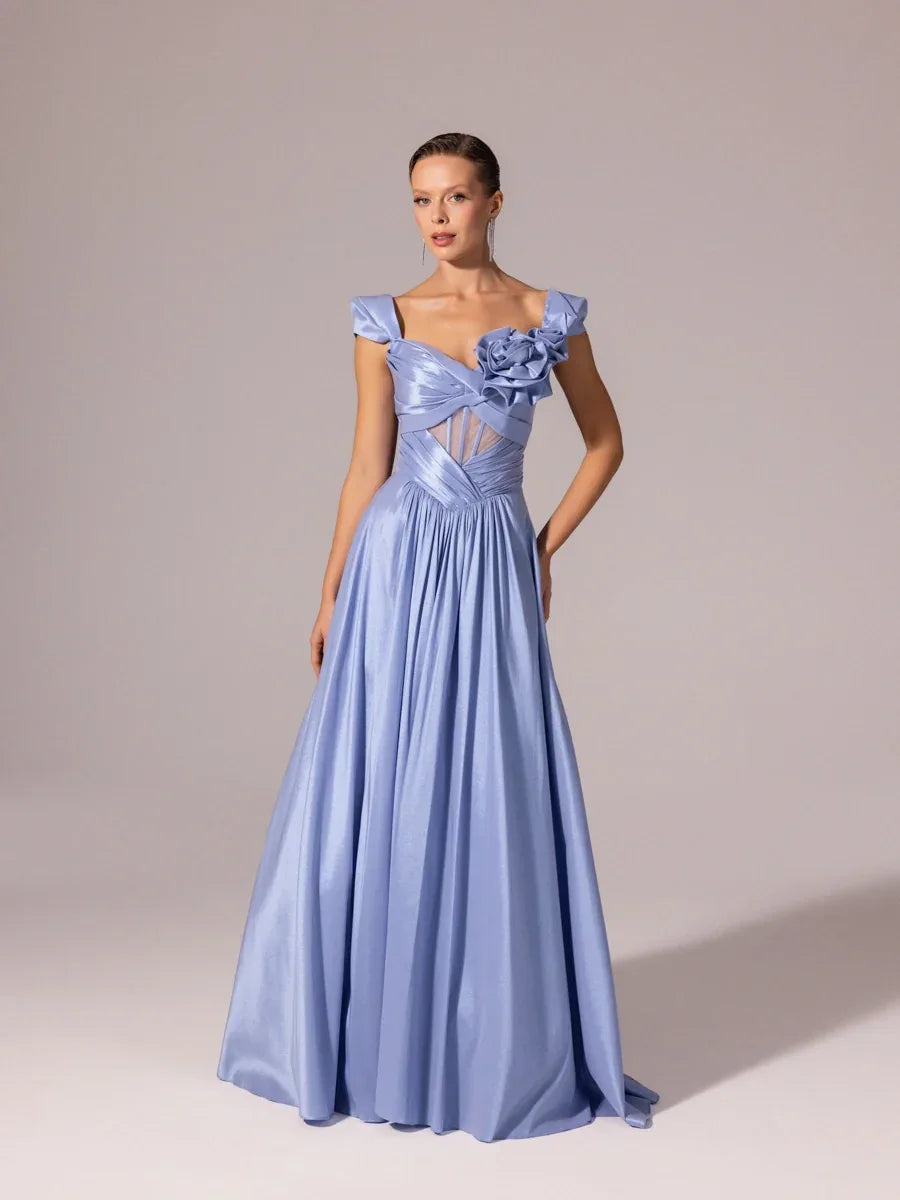 A25110-Vatkalı Kısa Kollu Gül Detaylı Kabarık Abiye Elbise - Kenzel