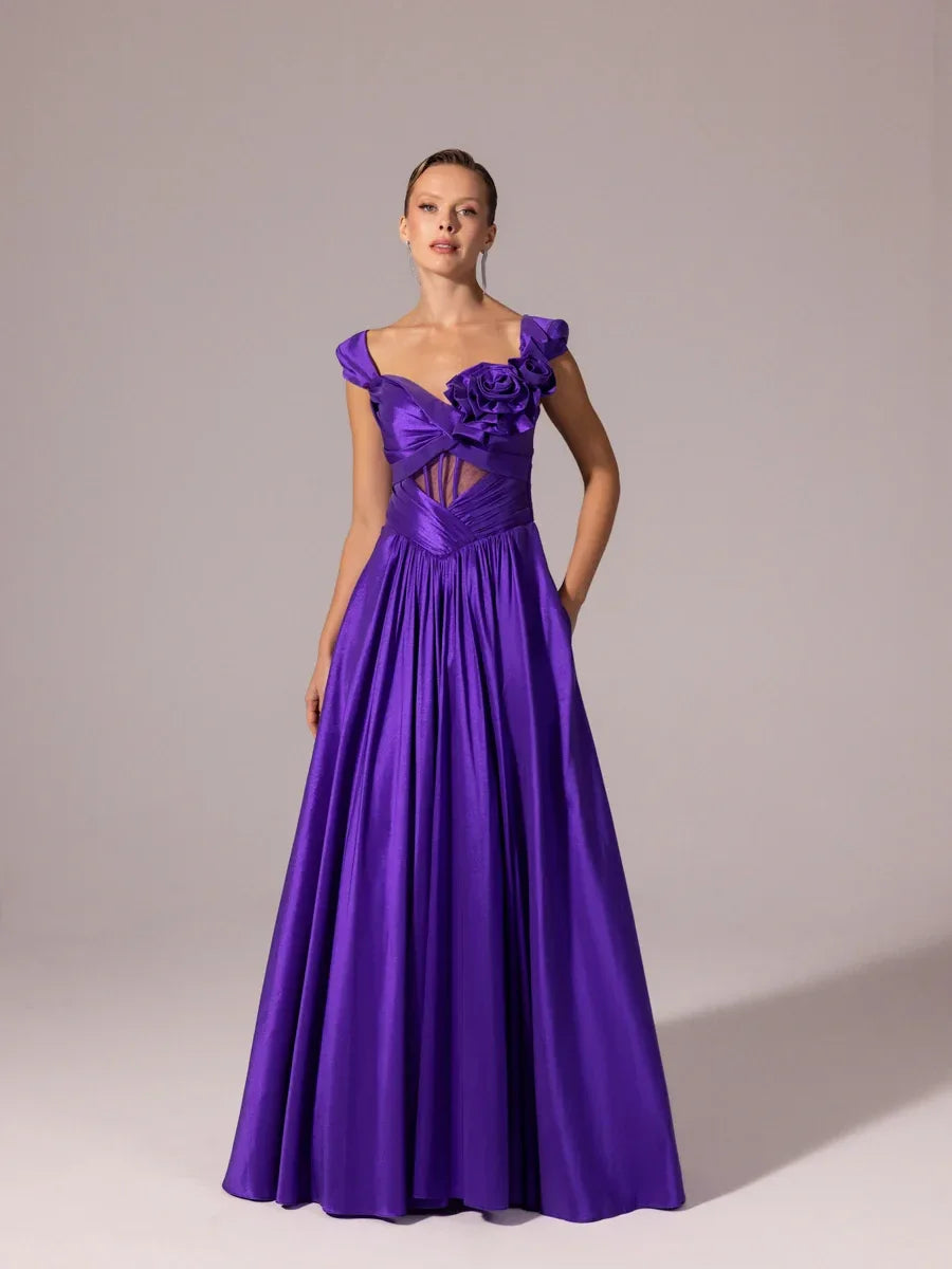 A25110-Vatkalı Kısa Kollu Gül Detaylı Kabarık Abiye Elbise - Kenzel