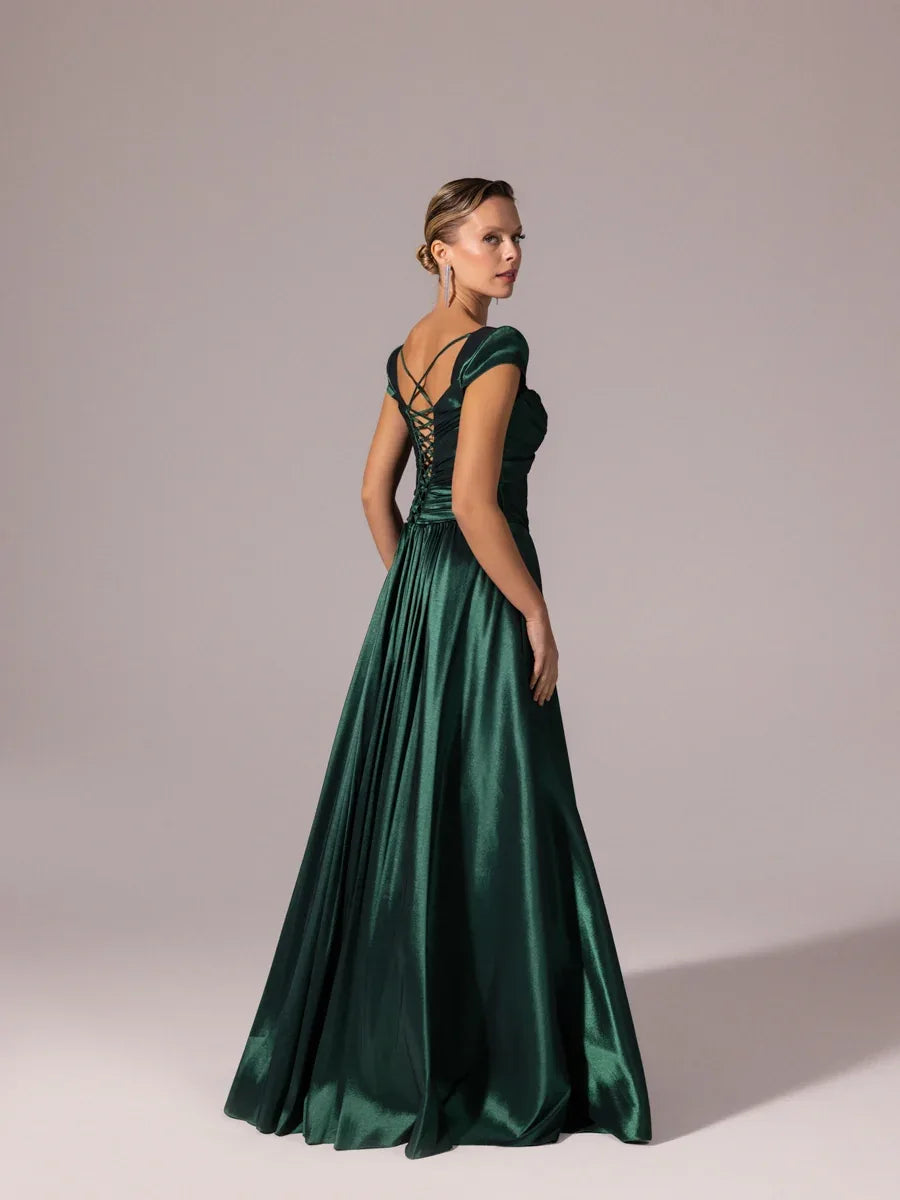 A25110-Vatkalı Kısa Kollu Gül Detaylı Kabarık Abiye Elbise - Kenzel