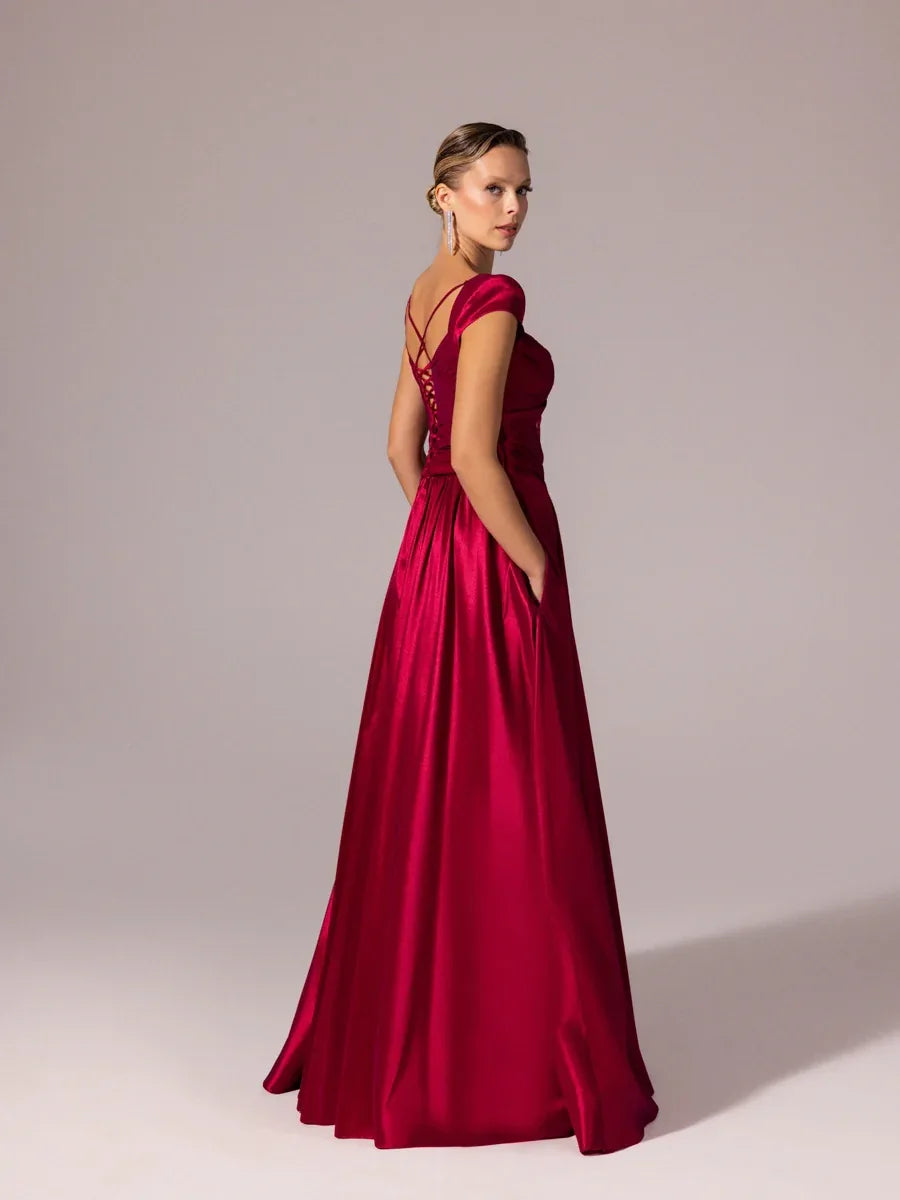 A25110-Vatkalı Kısa Kollu Gül Detaylı Kabarık Abiye Elbise - Kenzel