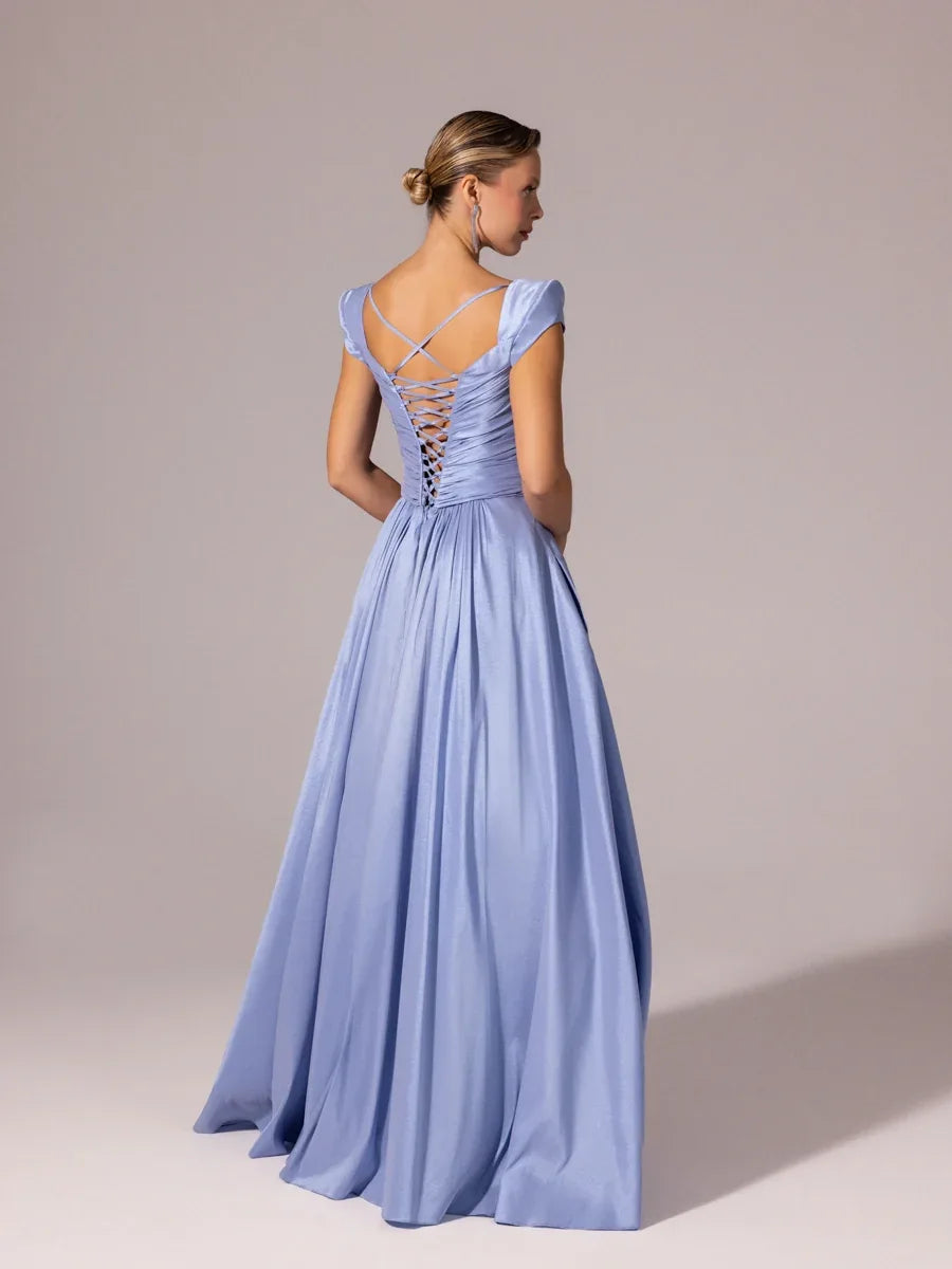 A25110-Vatkalı Kısa Kollu Gül Detaylı Kabarık Abiye Elbise - Kenzel