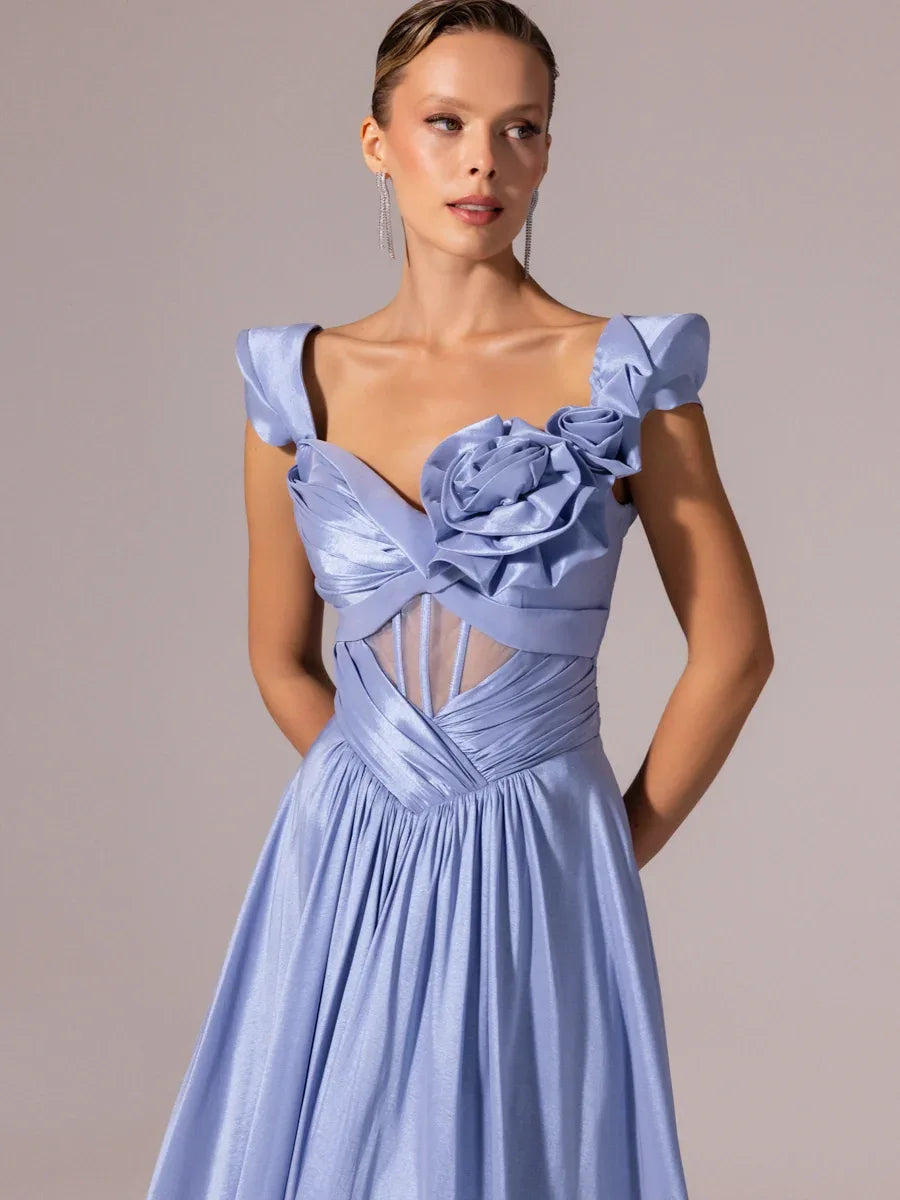 A25110-Vatkalı Kısa Kollu Gül Detaylı Kabarık Abiye Elbise - Kenzel