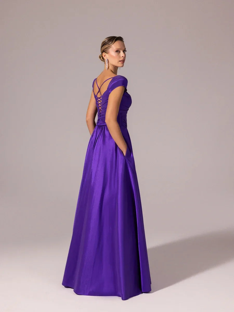 A25110-Vatkalı Kısa Kollu Gül Detaylı Kabarık Abiye Elbise - Kenzel