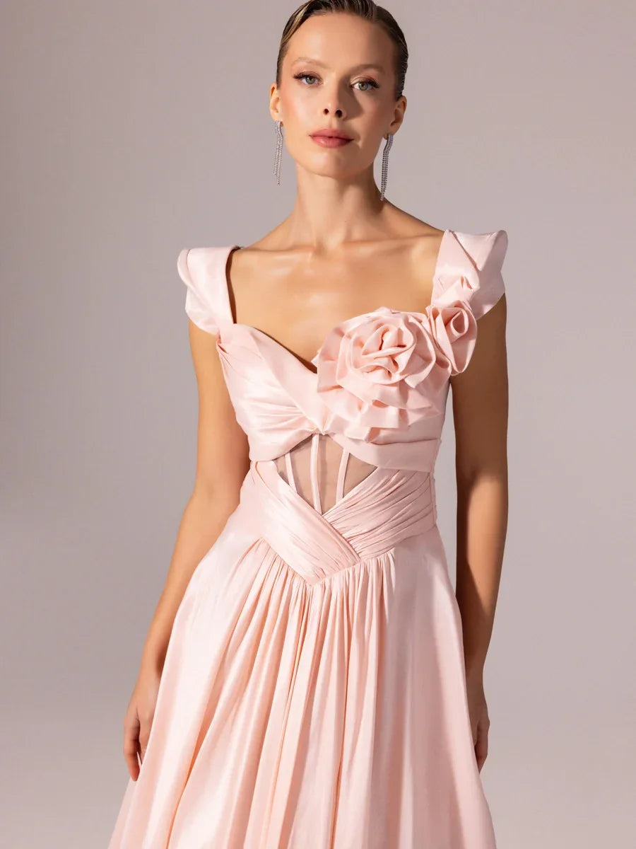 A25110-Vatkalı Kısa Kollu Gül Detaylı Kabarık Abiye Elbise - Kenzel