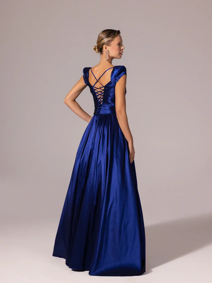 A25110-Vatkalı Kısa Kollu Gül Detaylı Kabarık Abiye Elbise - Kenzel