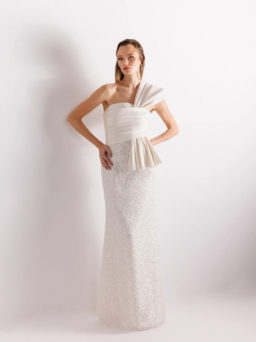 A25111-Tek Omuz Drapeli Payetli Balık Abiye Elbise