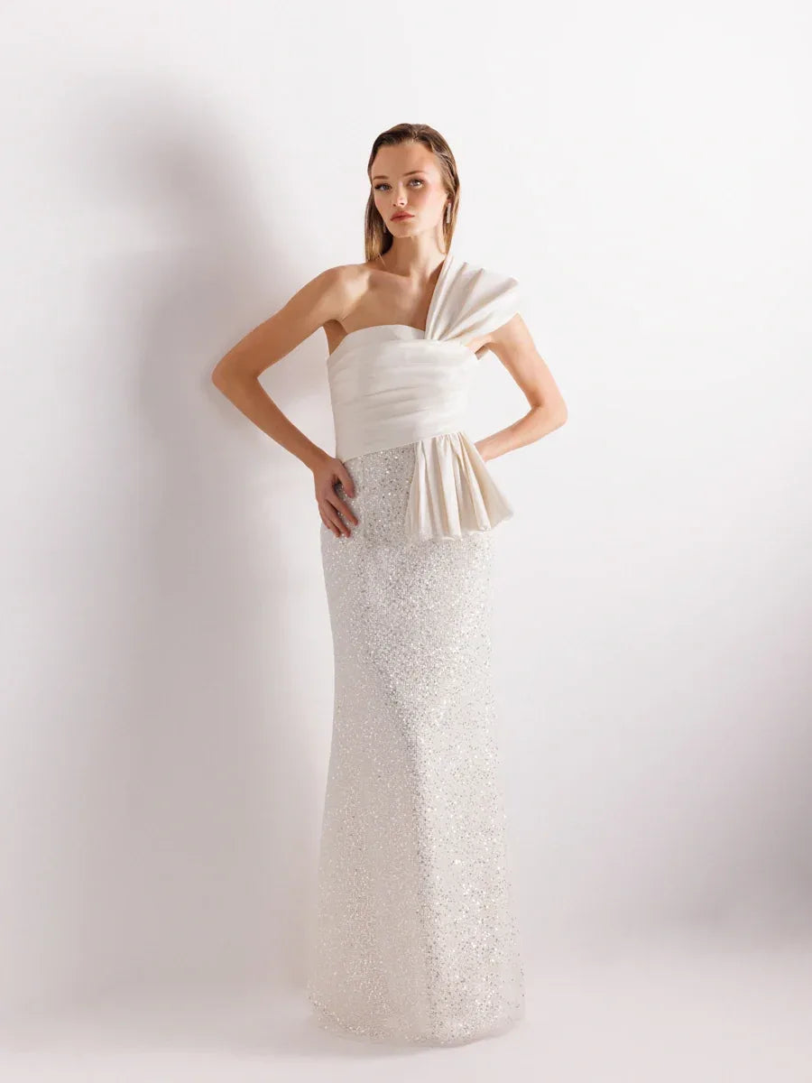 A25111-Tek Omuz Drapeli Payetli Balık Abiye Elbise - Kenzel