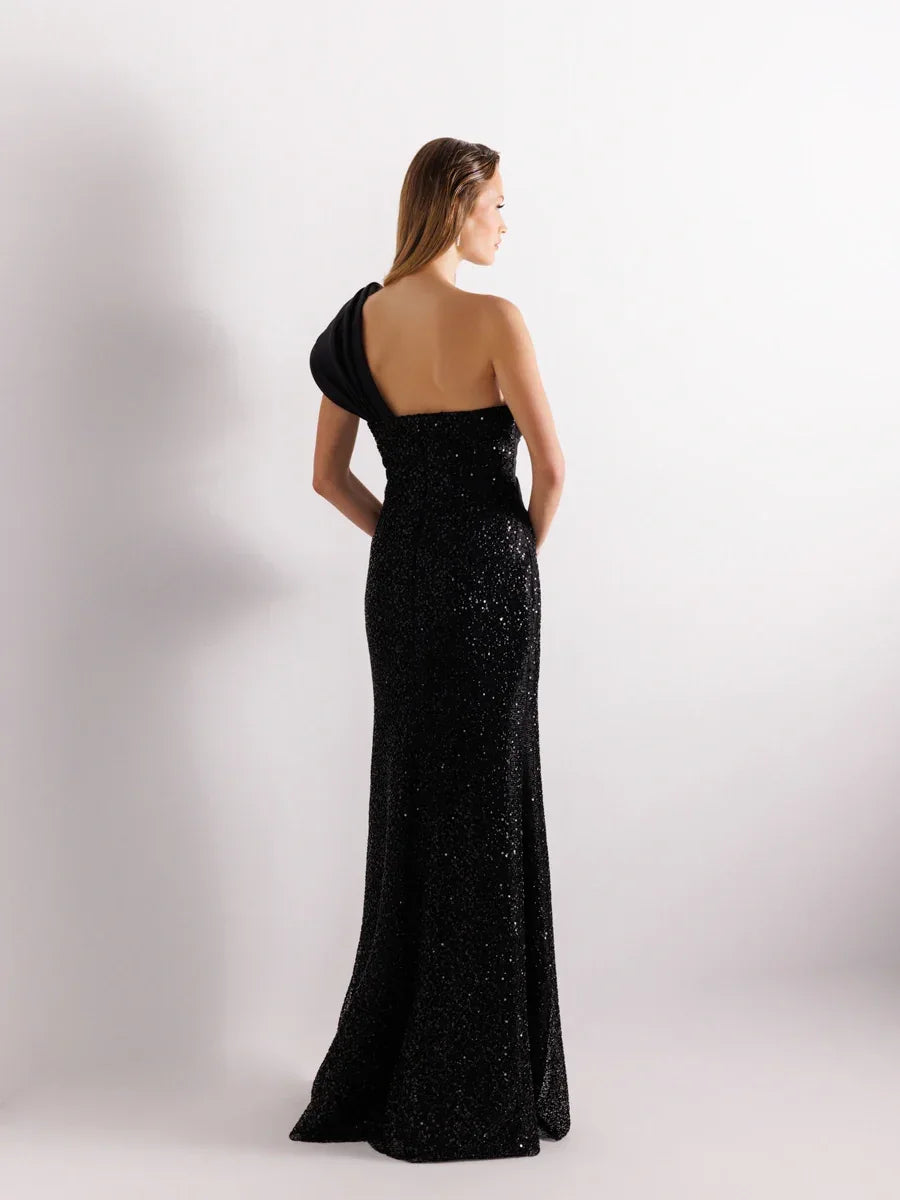 A25111-Tek Omuz Drapeli Payetli Balık Abiye Elbise - Kenzel