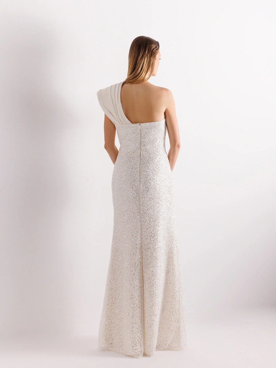 A25111-Tek Omuz Drapeli Payetli Balık Abiye Elbise