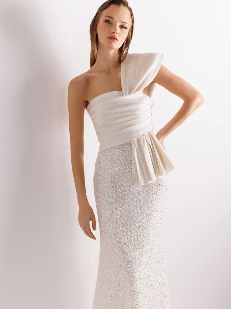 A25111-Tek Omuz Drapeli Payetli Balık Abiye Elbise