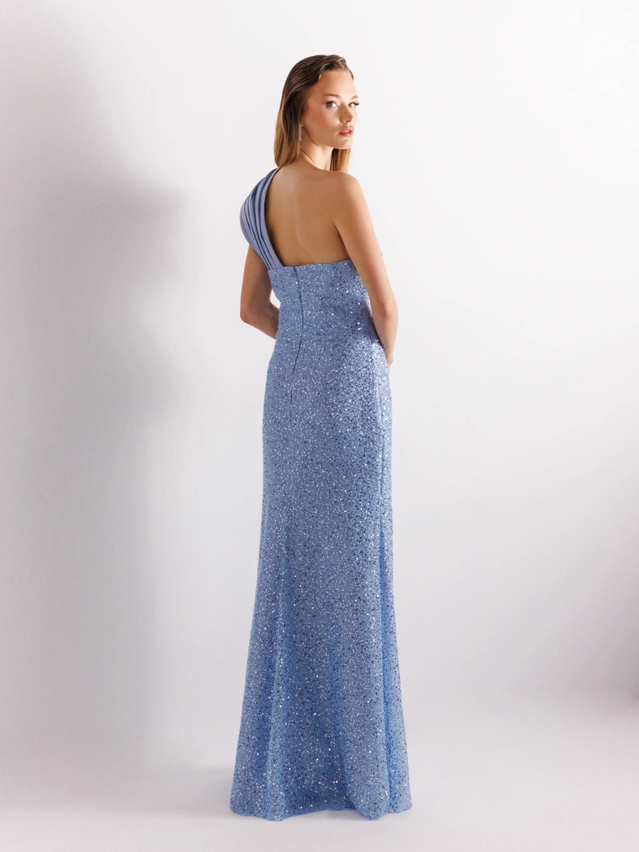 A25111-Tek Omuz Drapeli Payetli Balık Abiye Elbise