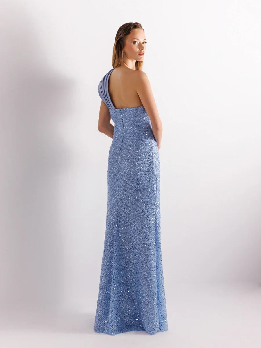 A25111-Tek Omuz Drapeli Payetli Balık Abiye Elbise - Kenzel